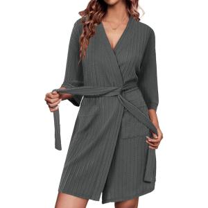 imageEkouaer Waffle Robes for Women Bathrobe Lightweight Knee Length 34 Sleeve Knit Bath Robes Female Loungewear with PocketsDark Grey