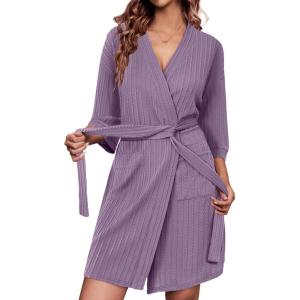 imageEkouaer Waffle Robes for Women Bathrobe Lightweight Knee Length 34 Sleeve Knit Bath Robes Female Loungewear with PocketsDark Purple