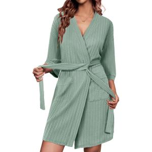 imageEkouaer Waffle Robes for Women Bathrobe Lightweight Knee Length 34 Sleeve Knit Bath Robes Female Loungewear with PocketsMint Green