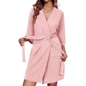imageEkouaer Waffle Robes for Women Bathrobe Lightweight Knee Length 34 Sleeve Knit Bath Robes Female Loungewear with PocketsMisty Rose