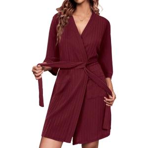 imageEkouaer Waffle Robes for Women Bathrobe Lightweight Knee Length 34 Sleeve Knit Bath Robes Female Loungewear with PocketsWine Red