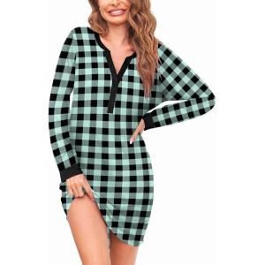 imageEkouaer Womens Nightgown Long Sleeve Sleepshirt Button Down Nightshirt V Neck Pajama Dress with Pockets SXXLGreen and Black Plaid