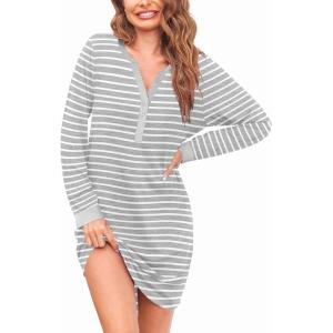 imageEkouaer Womens Nightgown Long Sleeve Sleepshirt Button Down Nightshirt V Neck Pajama Dress with Pockets SXXLLight Grey Stripe