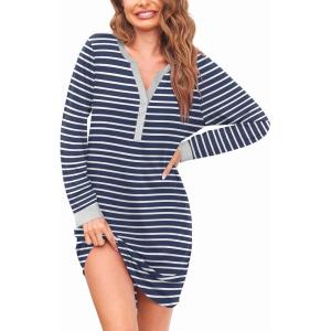imageEkouaer Womens Nightgown Long Sleeve Sleepshirt Button Down Nightshirt V Neck Pajama Dress with Pockets SXXLNavy Blue Stripe