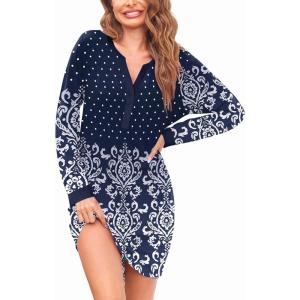 imageEkouaer Womens Nightgown Long Sleeve Sleepshirt Button Down Nightshirt V Neck Pajama Dress with Pockets SXXLNavy Floral