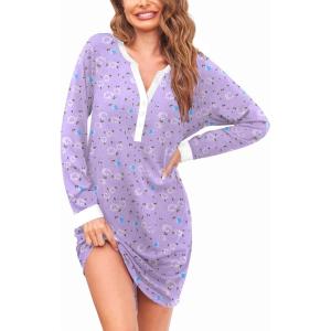 imageEkouaer Womens Nightgown Long Sleeve Sleepshirt Button Down Nightshirt V Neck Pajama Dress with Pockets SXXLPurple Floral