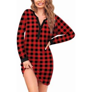 imageEkouaer Womens Nightgown Long Sleeve Sleepshirt Button Down Nightshirt V Neck Pajama Dress with Pockets SXXLRed and Black Plaid