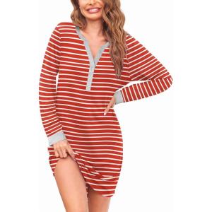 imageEkouaer Womens Nightgown Long Sleeve Sleepshirt Button Down Nightshirt V Neck Pajama Dress with Pockets SXXLRed and White Stripe