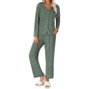 imageEkouaer Womens Pajama Sets Button Up Long Sleeve Pjs Ribbed Knit Soft Lounge Set 2 Piece Sleepwear with PocketsArmy Green