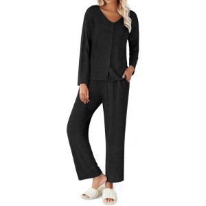 imageEkouaer Womens Pajama Sets Button Up Long Sleeve Pjs Ribbed Knit Soft Lounge Set 2 Piece Sleepwear with PocketsBlack