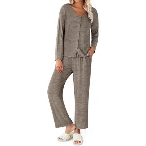 imageEkouaer Womens Pajama Sets Button Up Long Sleeve Pjs Ribbed Knit Soft Lounge Set 2 Piece Sleepwear with PocketsBrown