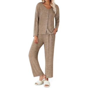 imageEkouaer Womens Pajama Sets Button Up Long Sleeve Pjs Ribbed Knit Soft Lounge Set 2 Piece Sleepwear with PocketsKhaki