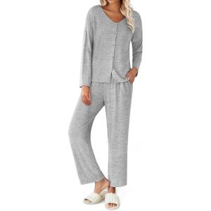 imageEkouaer Womens Pajama Sets Button Up Long Sleeve Pjs Ribbed Knit Soft Lounge Set 2 Piece Sleepwear with PocketsLight Grey