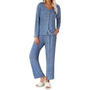 imageEkouaer Womens Pajama Sets Button Up Long Sleeve Pjs Ribbed Knit Soft Lounge Set 2 Piece Sleepwear with PocketsNavy