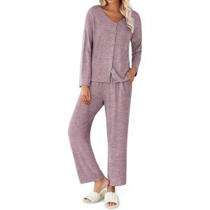 imageEkouaer Womens Pajama Sets Button Up Long Sleeve Pjs Ribbed Knit Soft Lounge Set 2 Piece Sleepwear with PocketsPink