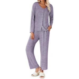 imageEkouaer Womens Pajama Sets Button Up Long Sleeve Pjs Ribbed Knit Soft Lounge Set 2 Piece Sleepwear with PocketsPurple