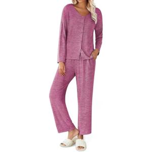 imageEkouaer Womens Pajama Sets Button Up Long Sleeve Pjs Ribbed Knit Soft Lounge Set 2 Piece Sleepwear with PocketsRose Red