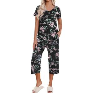 imageEkouaer Womens Pajama Sets Short Sleeve Sleepwear Button Up Pj Loungewear Top and Capri Pants with PocketsBlack Floral