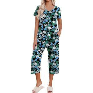 imageEkouaer Womens Pajama Sets Short Sleeve Sleepwear Button Up Pj Loungewear Top and Capri Pants with PocketsBlack and Blue Floral