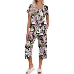 imageEkouaer Womens Pajama Sets Short Sleeve Sleepwear Button Up Pj Loungewear Top and Capri Pants with PocketsBlack and Pink Floral