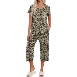 imageEkouaer Womens Pajama Sets Short Sleeve Sleepwear Button Up Pj Loungewear Top and Capri Pants with PocketsBrown Leopard