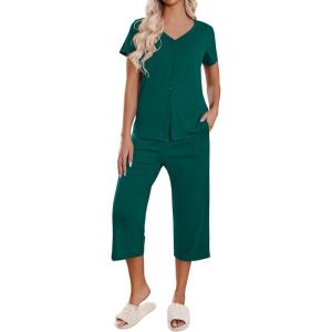 imageEkouaer Womens Pajama Sets Short Sleeve Sleepwear Button Up Pj Loungewear Top and Capri Pants with PocketsDark Green