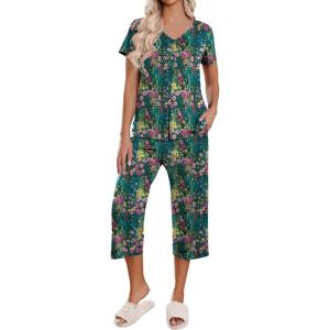 imageEkouaer Womens Pajama Sets Short Sleeve Sleepwear Button Up Pj Loungewear Top and Capri Pants with PocketsGreen Floral