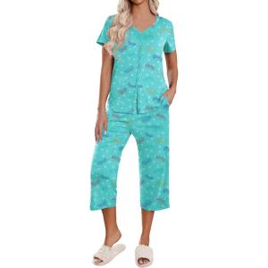 imageEkouaer Womens Pajama Sets Short Sleeve Sleepwear Button Up Pj Loungewear Top and Capri Pants with PocketsLight Blue Butterfly