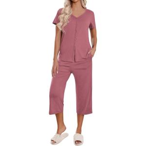 imageEkouaer Womens Pajama Sets Short Sleeve Sleepwear Button Up Pj Loungewear Top and Capri Pants with PocketsLight Coral