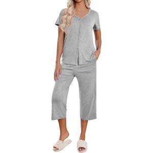 imageEkouaer Womens Pajama Sets Short Sleeve Sleepwear Button Up Pj Loungewear Top and Capri Pants with PocketsLight Grey