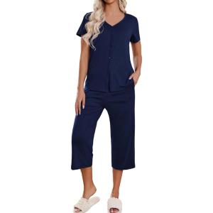 imageEkouaer Womens Pajama Sets Short Sleeve Sleepwear Button Up Pj Loungewear Top and Capri Pants with PocketsNavy Blue