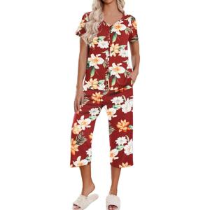 imageEkouaer Womens Pajama Sets Short Sleeve Sleepwear Button Up Pj Loungewear Top and Capri Pants with PocketsRed Floral