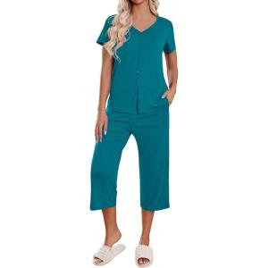 imageEkouaer Womens Pajama Sets Short Sleeve Sleepwear Button Up Pj Loungewear Top and Capri Pants with PocketsTeal