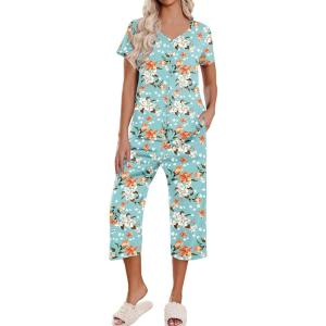 imageEkouaer Womens Pajama Sets Short Sleeve Sleepwear Button Up Pj Loungewear Top and Capri Pants with PocketsTurquoise Floral