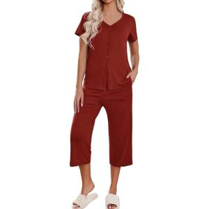 imageEkouaer Womens Pajama Sets Short Sleeve Sleepwear Button Up Pj Loungewear Top and Capri Pants with PocketsWine Red