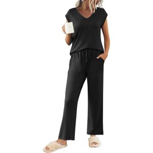 imageEkouaer Womens Pajamas Set Short Sleeve Sleepwear Long Pants Lounge Set 2 Piece Pjs Soft Loungewear with Pockets SXXLBlack