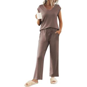 imageEkouaer Womens Pajamas Set Short Sleeve Sleepwear Long Pants Lounge Set 2 Piece Pjs Soft Loungewear with Pockets SXXLBrown