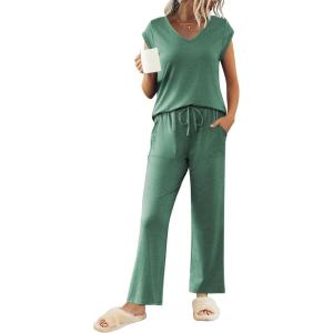 imageEkouaer Womens Pajamas Set Short Sleeve Sleepwear Long Pants Lounge Set 2 Piece Pjs Soft Loungewear with Pockets SXXLDark Green