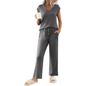 imageEkouaer Womens Pajamas Set Short Sleeve Sleepwear Long Pants Lounge Set 2 Piece Pjs Soft Loungewear with Pockets SXXLDark Grey