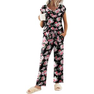 imageEkouaer Womens Pajamas Set Short Sleeve Sleepwear Long Pants Lounge Set 2 Piece Pjs Soft Loungewear with Pockets SXXLFloral Black