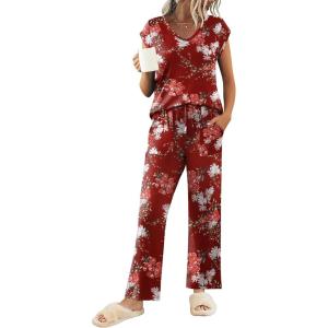 imageEkouaer Womens Pajamas Set Short Sleeve Sleepwear Long Pants Lounge Set 2 Piece Pjs Soft Loungewear with Pockets SXXLFloral Wine