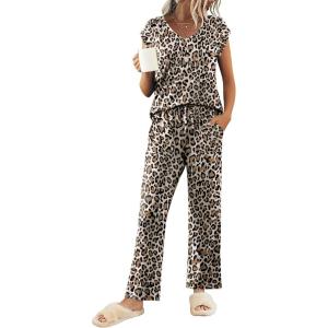 imageEkouaer Womens Pajamas Set Short Sleeve Sleepwear Long Pants Lounge Set 2 Piece Pjs Soft Loungewear with Pockets SXXLLeopard