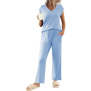 imageEkouaer Womens Pajamas Set Short Sleeve Sleepwear Long Pants Lounge Set 2 Piece Pjs Soft Loungewear with Pockets SXXLLight Blue