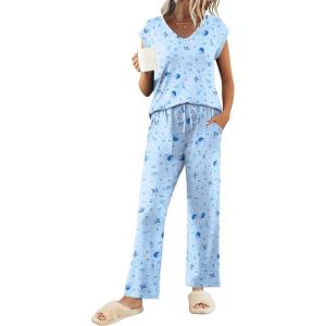 imageEkouaer Womens Pajamas Set Short Sleeve Sleepwear Long Pants Lounge Set 2 Piece Pjs Soft Loungewear with Pockets SXXLLight Blue Stars