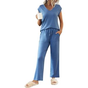 imageEkouaer Womens Pajamas Set Short Sleeve Sleepwear Long Pants Lounge Set 2 Piece Pjs Soft Loungewear with Pockets SXXLNavy