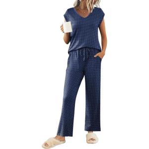 imageEkouaer Womens Pajamas Set Short Sleeve Sleepwear Long Pants Lounge Set 2 Piece Pjs Soft Loungewear with Pockets SXXLNavy Dots