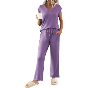 imageEkouaer Womens Pajamas Set Short Sleeve Sleepwear Long Pants Lounge Set 2 Piece Pjs Soft Loungewear with Pockets SXXLPurple