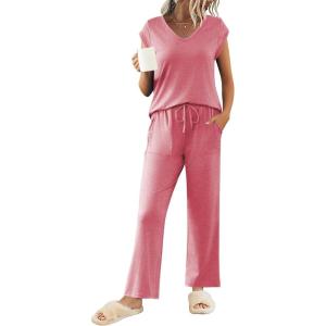 imageEkouaer Womens Pajamas Set Short Sleeve Sleepwear Long Pants Lounge Set 2 Piece Pjs Soft Loungewear with Pockets SXXLPurple Red