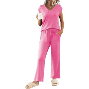 imageEkouaer Womens Pajamas Set Short Sleeve Sleepwear Long Pants Lounge Set 2 Piece Pjs Soft Loungewear with Pockets SXXLRose Pink