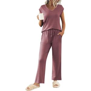 imageEkouaer Womens Pajamas Set Short Sleeve Sleepwear Long Pants Lounge Set 2 Piece Pjs Soft Loungewear with Pockets SXXLWine